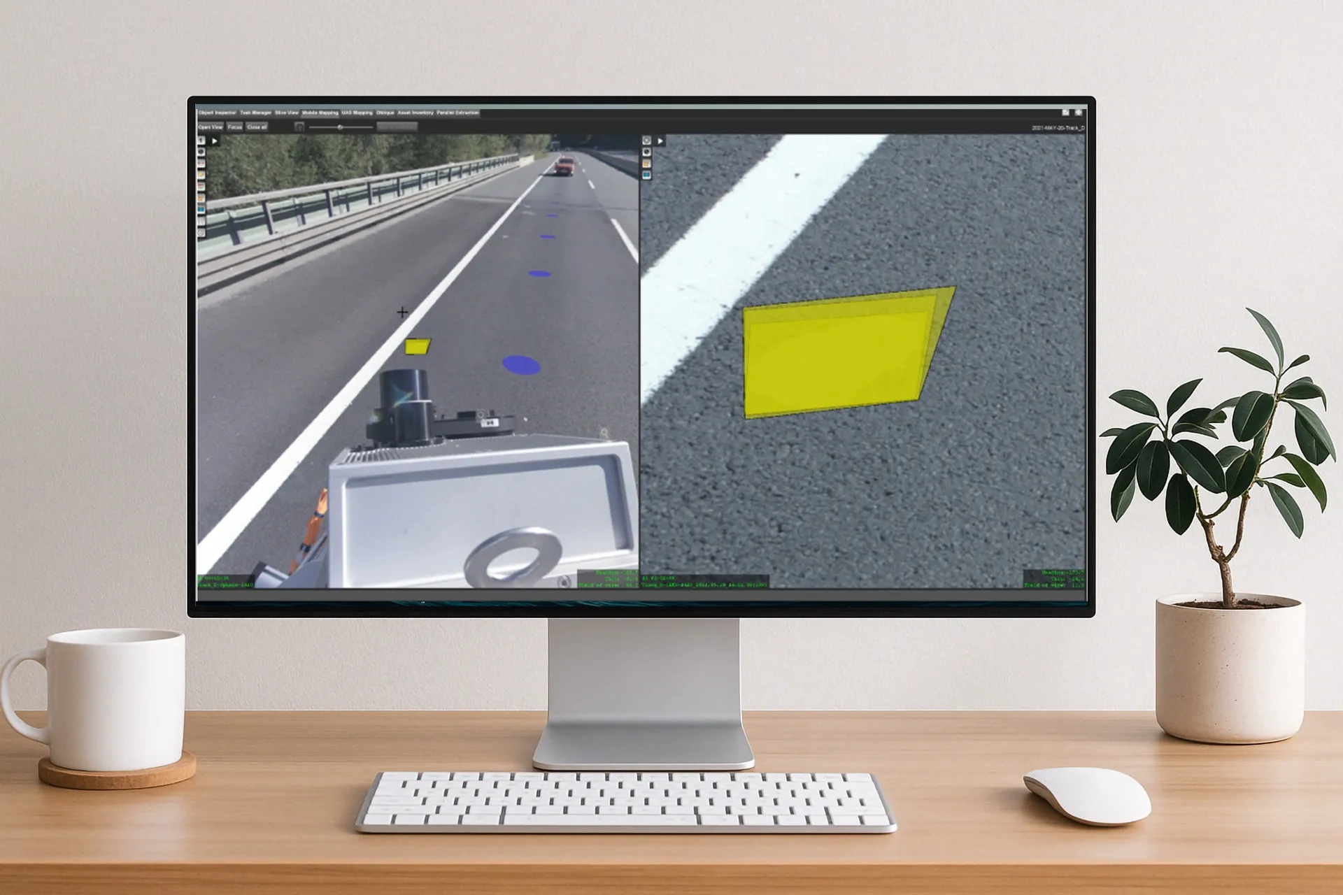Auswertungssoftware auf einem Monitor: erfasster Fahrbahnschaden mit markierter Schadstelle an der Fahrbahnmarkierung