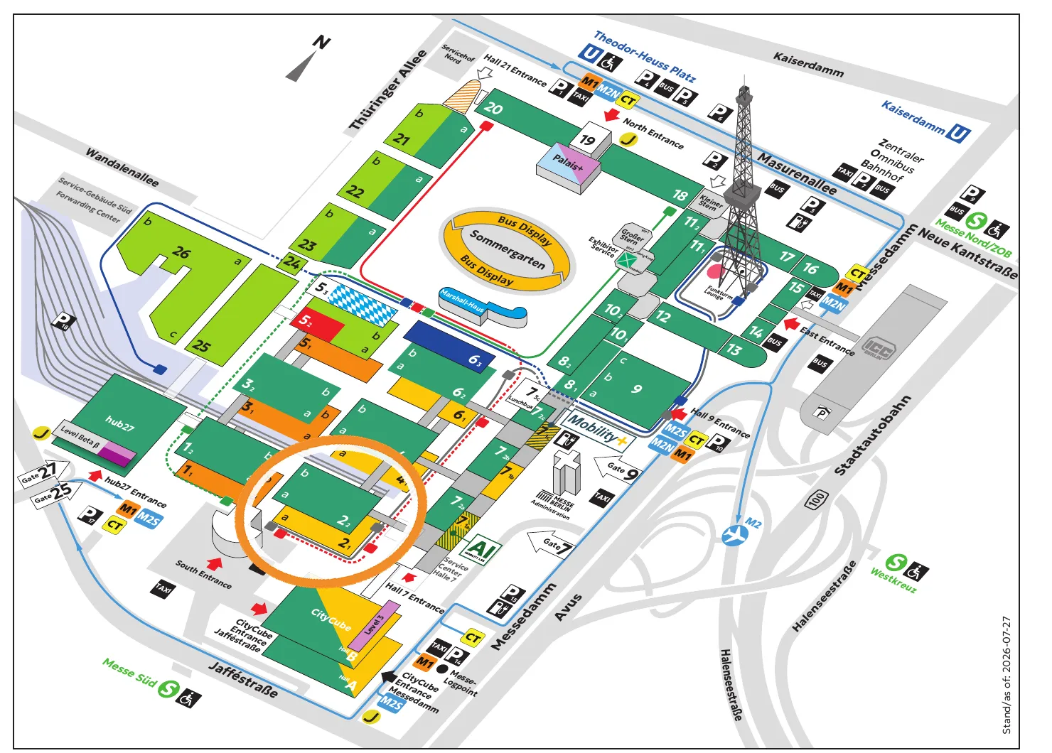 Geländeplan der InnoTrans 2026 (Messe Berlin) — Evolit in Halle 2.2 orange markiert, direkt am Eingang Süd
